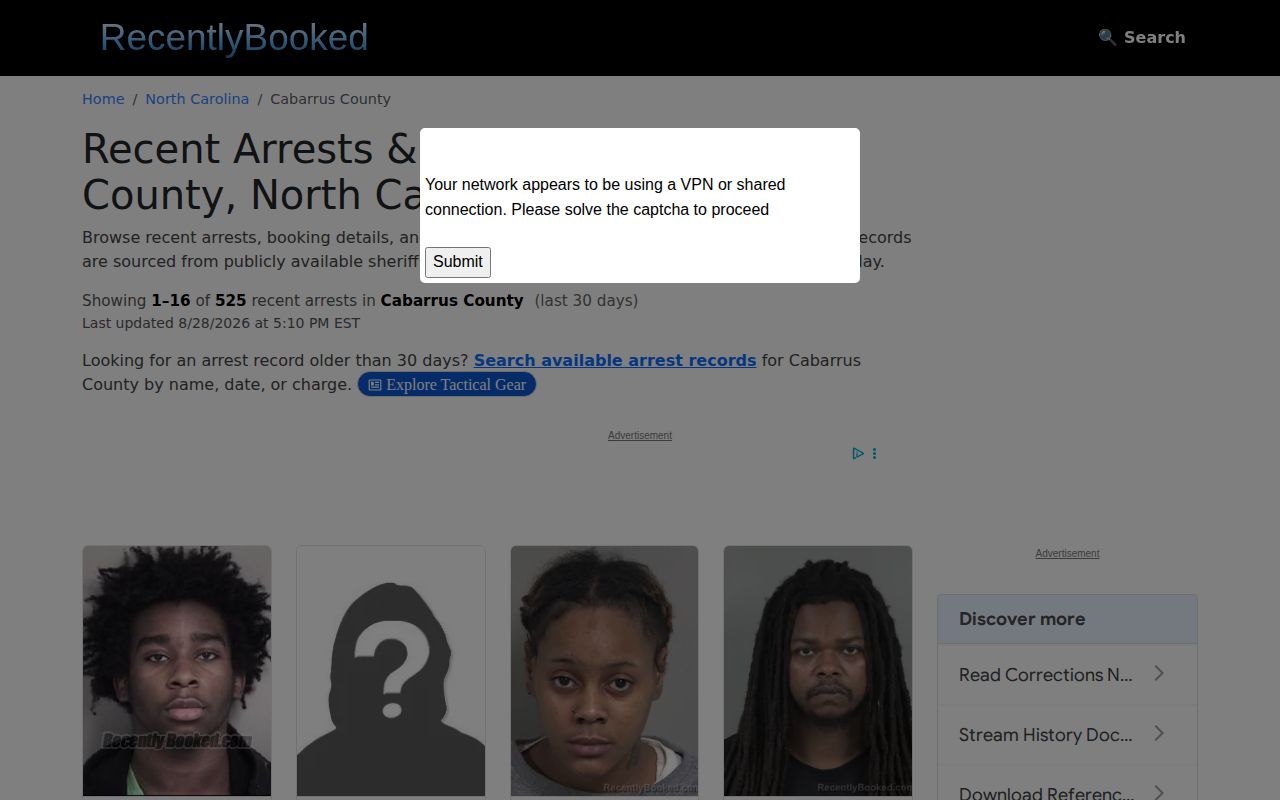 Cabarrus County unofficial Recently Booked crime-news page