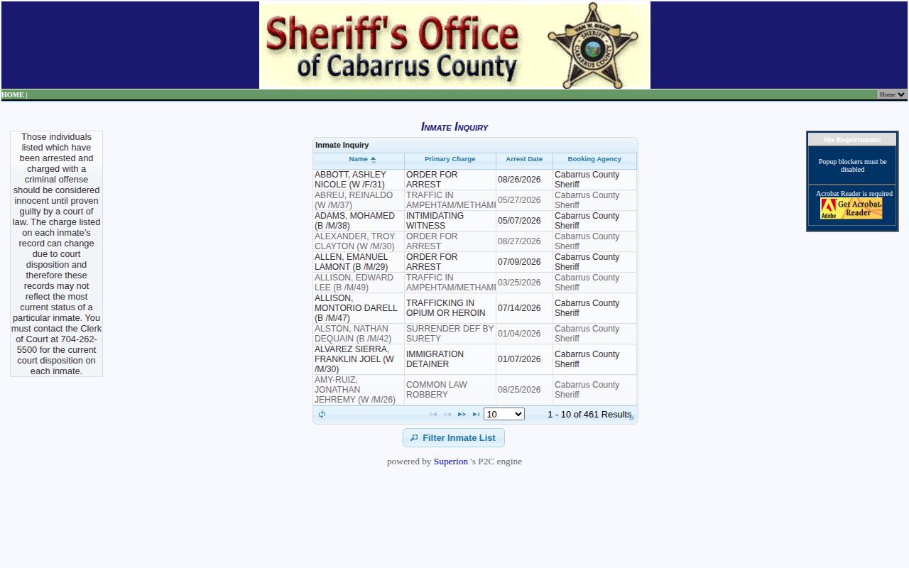 Cabarrus County official jail roster search for booking records