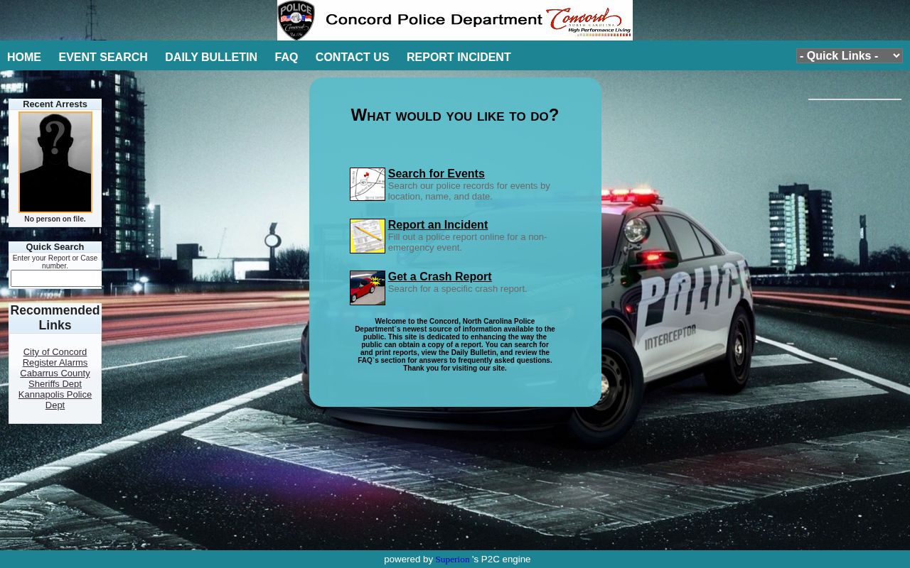 Cabarrus County Concord Police P2C event search and recent-arrests interface